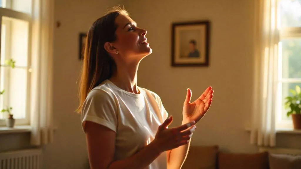 A realistic image of a young adult woman worshiping indoors, eyes closed, both hands lifted in surrender. She is standing in a quiet, softly lit room with minimal decor—like a simple prayer or study room. The atmosphere is peaceful and reverent. Natural light filters in through a nearby window. She wears modest, casual clothing (no flashy colors). The background is clean and neutral—no church elements, just a serene indoor space. The focus is clear and sharp on her expression of deep connection with God.